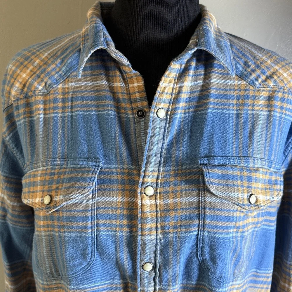 Lucky Brand Santa Fe Western Flannel Shirt Blue Gold White Plaid Snap Closure L